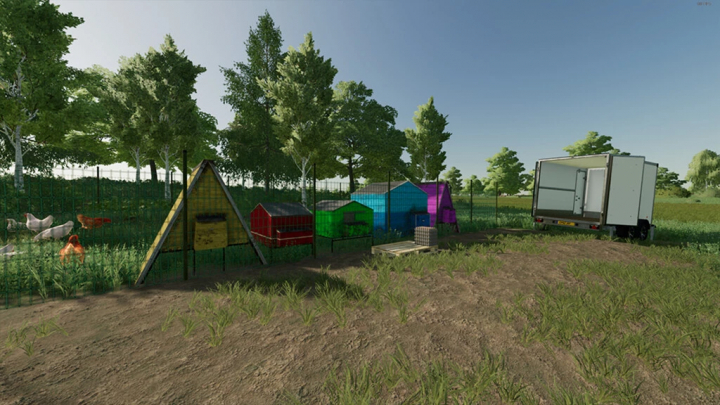 fs25-mods,  FS25 Chadlington Map v1.0.1.0 mod showcases colorful chicken coops and a delivery truck in a green landscape.