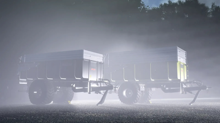 fs25-mods,  FS25 mod Claas Carat 140TD v1.0.0.0 showcasing trailers in foggy landscape.