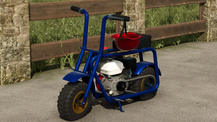 fs25-mods,  Farming Simulator 25 mod showing a blue Coleman Mini Bike v1.0.0.0 near a wooden fence.