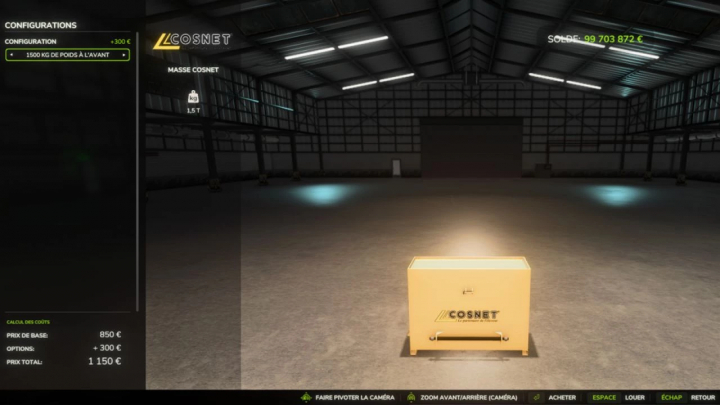 fs25-mods,  Cosnet weight mod in Farming Simulator 25, showing a 1.5T weight block in a virtual garage.