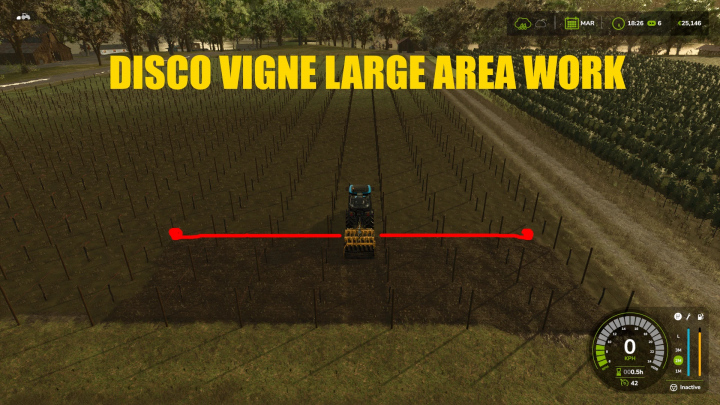 fs25-mods, DISCO VIGNE LARGE AREA WORK mod in FS25 showcasing vineyard cultivation with a tractor.