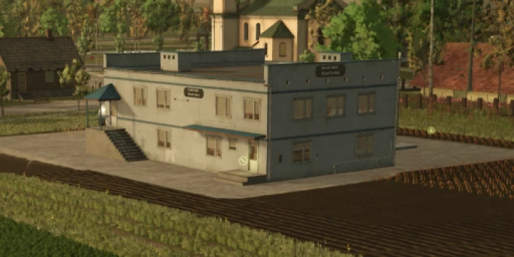 fs25-mods,  Diesel factory mod in FS25, showcasing a modern industrial building amidst farmland.