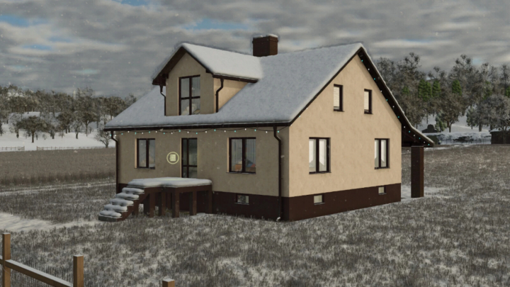 fs25-mods,  Elegant House mod in FS25, displaying a cozy winter scene with snow-covered roof and lights.