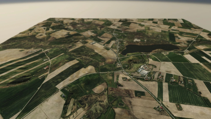 fs25-mods,  Aerial view of the Empty Map Real Terrain 4x mod for FS25, showcasing expansive fields and a lake in Farming Simulator 25.