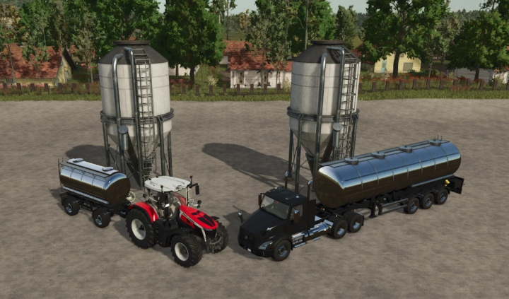 fs25-mods,  FS25 Buying Station Pack v1.0.0.0 mod showing trucks and silos in a farming setting.