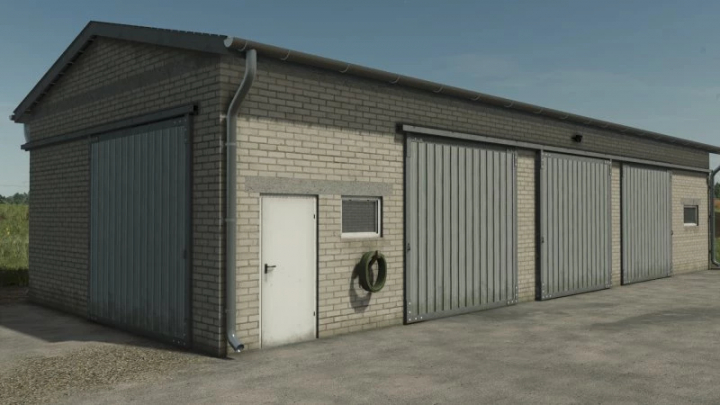 fs25-mods,  FS25 Garage 18M x 7M mod, a large brick garage with metal doors in Farming Simulator 25.