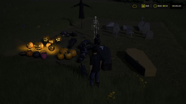 fs25-mods,  FS25 Halloween Pack v1.0.0.0 mod features pumpkins, skeleton, and gravestones in a spooky farm setting.