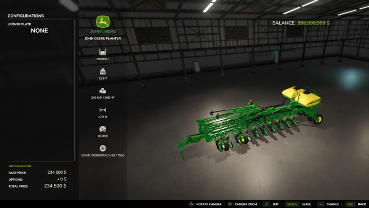 fs25-mods,  FS25 John Deere Planter in a virtual garage with specs on screen, part of Farming Simulator 25 mods.