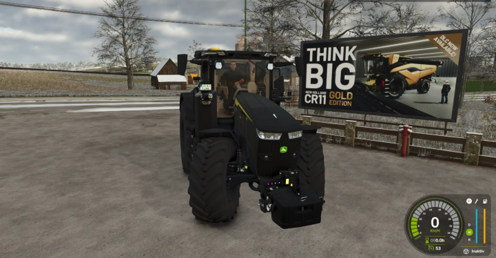 fs25-mods,  FS25 mod: John Deere Series Black 7R tractor in Farming Simulator 25 with promo billboard in background.