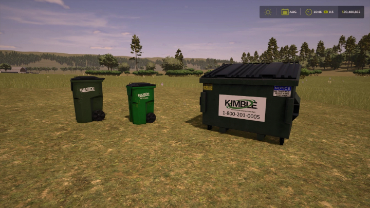 fs25-mods,  FS25 Kimble Trash Pack mod shows waste and recycling bins in a grassy field, enhancing realism in Farming Simulator 25.