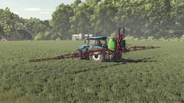 fs25-mods,  FS25 mod Krukowiak Heros 1900 sprayer attached to a tractor in a field in Farming Simulator 25.