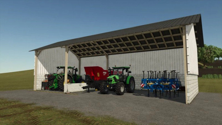 fs25-mods,  FS25 Sheet metal shed mod with tractors and farming equipment inside, showcasing Farming Simulator 25 mods.