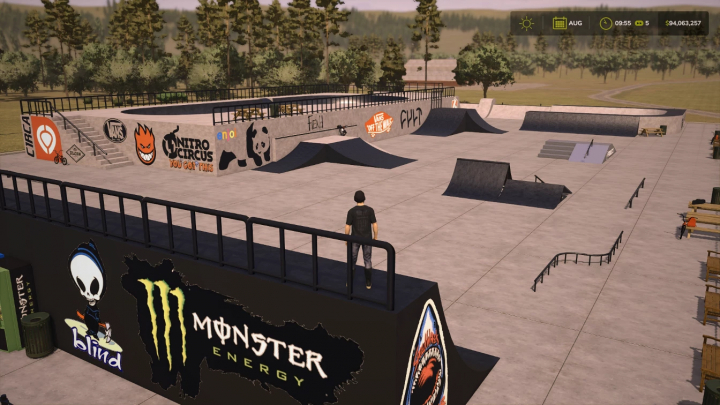 fs25-mods,  FS25 Skatepark mod showing a detailed skatepark with ramps and graffiti in Farming Simulator 25.