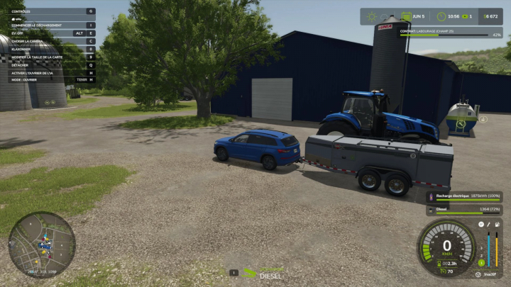 fs25-mods,  FS25 mod FST 990 + Ev v1.0.0.0 with blue SUV and tractor parked near farm buildings.