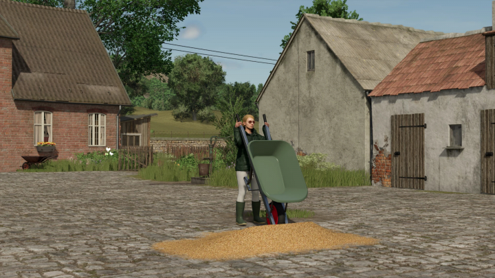 fs25-mods,  FS25 mod Farm Equipment Pack v1.0.0.0 showing a person with wheelbarrow and grain in a rustic farm setting.