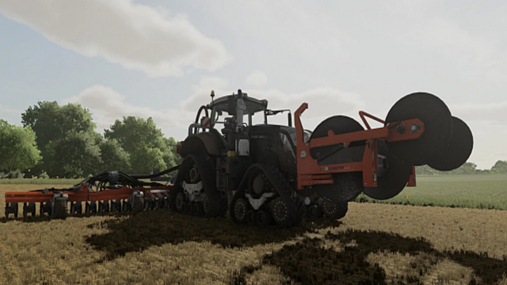 fs22-mods, Fendt 900 Vario S4 Continental Edition mod in FS22 on a farm, showing a tractor with attachments in a field.