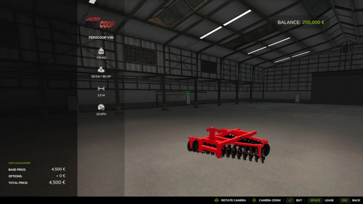 fs25-mods,  FS25 mod Ferocoop V30 displayed in a virtual garage, showcasing stats like weight and speed.