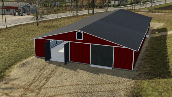 fs25-mods,  Finnish Sheep Barn mod in Farming Simulator 25, red barn structure on a rural road.