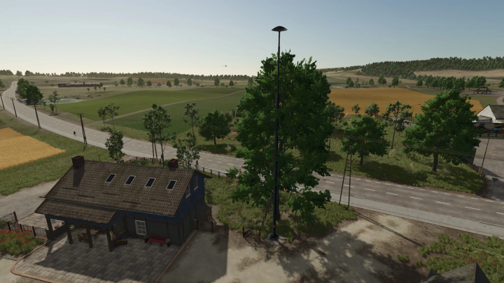 fs25-mods,  FS25 mod Fire Siren v1.0.0.0 in Farming Simulator 25, showing a rural road, house, and fields.