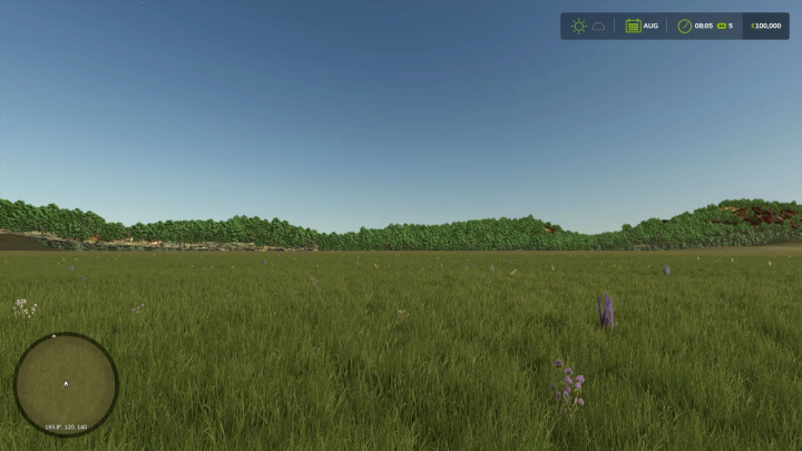 fs25-mods,  Open field in FS25 Free Land 4x mod with clear sky and trees in the background.