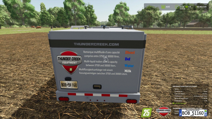 fs25-mods,  FS25 mod Fst990 Multi liquid v1.0.0.0 trailer for Farming Simulator 25, showing Thunder Creek Equipment branding and capacity info for Diesel, Def, Water, Milk.