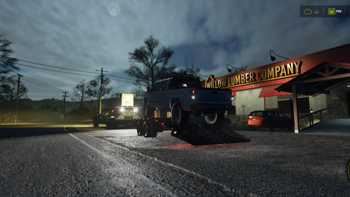 fs25-mods,  Gooseneck trailer with a truck at Willow Lumber Company in FS25 mod scene at night. FS25 mods enrich gameplay.