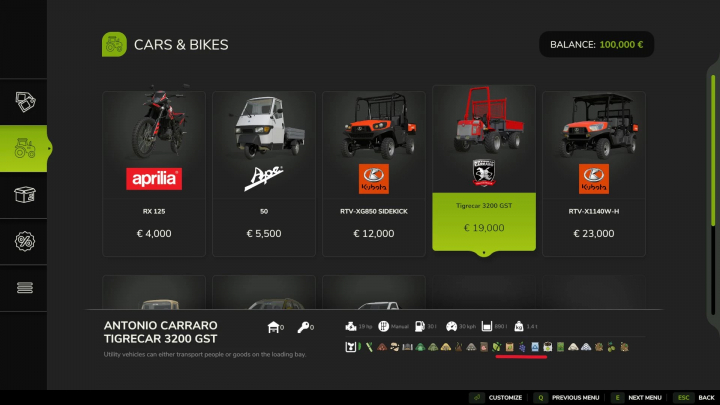 fs25-mods,  FS25 mods vehicle selection showing options like Tigercar 3200 GST, price €19,000, in Farming Simulator 25.