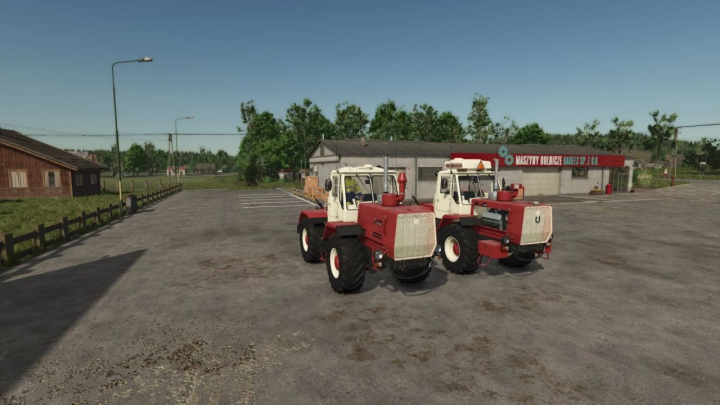 fs25-mods,  HTZ T 150K V8 tractors in Farming Simulator 25 mod, parked in front of a farm store.