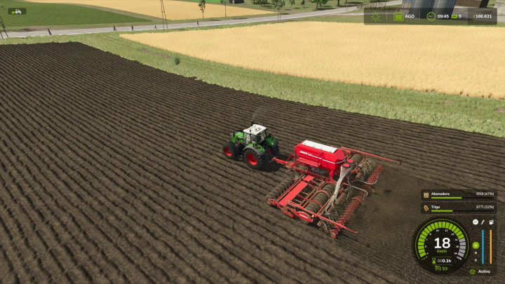 fs25-mods,  FS25 mod Horsch Pronto 9 DC in action on a plowed field, Farming Simulator 25.