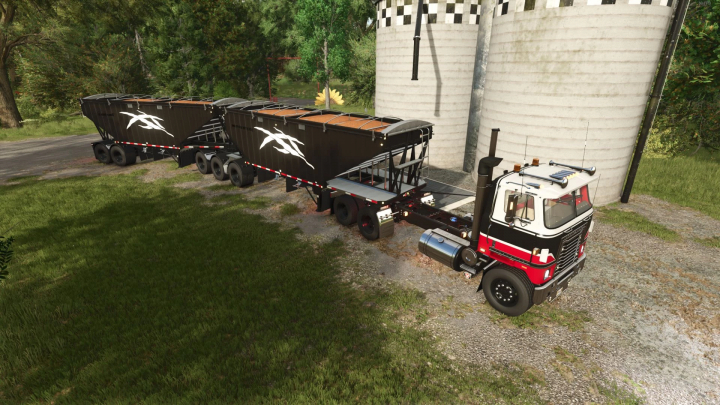 fs25-mods,  International Transtar II Eagle truck mod in FS25 unloading at silos.