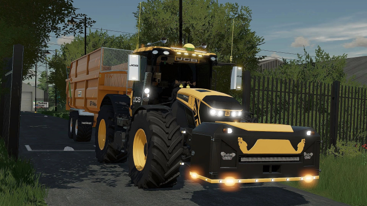 fs22-mods,  JCB Fastrac Edit v1.0.0.0 mod in FS22, showcasing a tractor with a trailer on a road. Farming Simulator 22 mods.