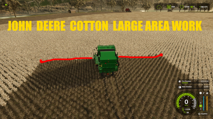 fs25-mods, FS25 mod JOHN DEERE COTTON LARGE AREA WORK showcasing cotton harvesting with a green harvester.