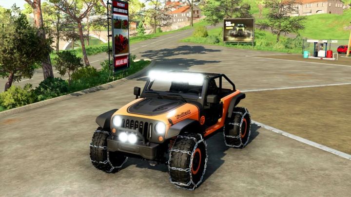 fs22-mods,  Jeep Trailcat mod in FS22 featuring off-road vehicle with chains on tires, shown in a game environment.