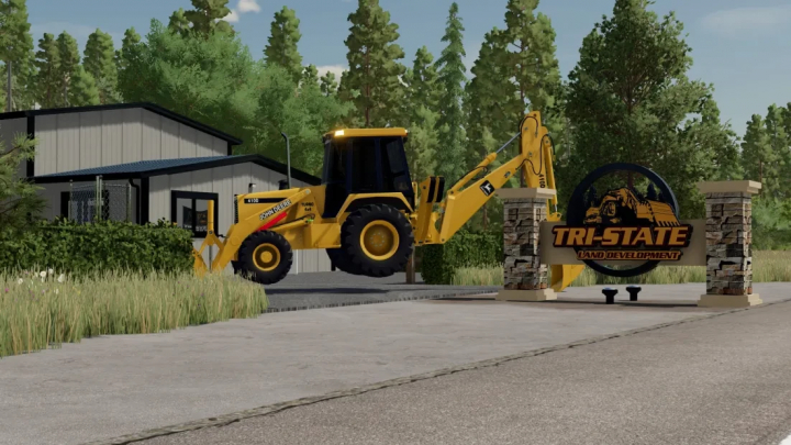 fs22-mods,  FS22 John Deere 410D mod near Tri-State sign, Farming Simulator 22 mods.