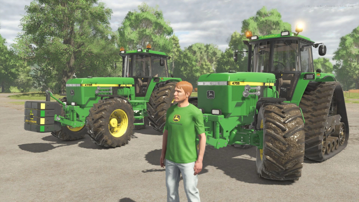 fs25-mods,  Two John Deere 4755 Turbo tractors with weight mod in Farming Simulator 25, featuring lush background and character.