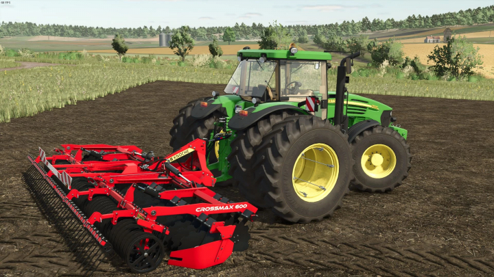 fs25-mods,  FS25 mod John Deere 7020 Beta with Crossmax 600 attachment in a field.