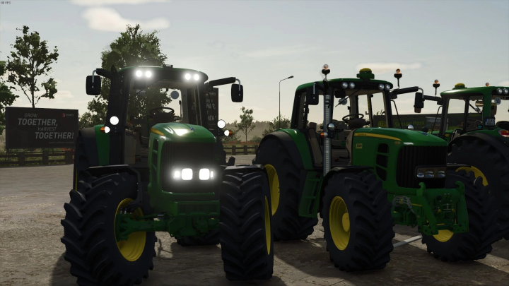 fs25-mods, Two John Deere 7030 tractors in FS25 mod showcasing headlights. Keywords: FS25 mods, Farming Simulator 25 mods.