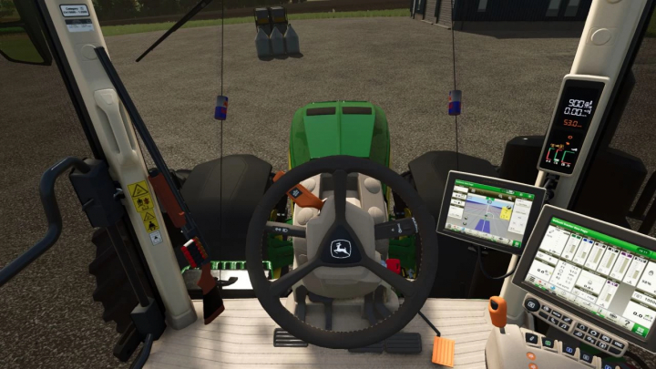 fs25-mods, Interior view of John Deere 8R BR tractor mod in FS25, showcasing steering wheel and control displays.