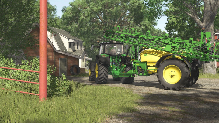 fs25-mods,  John Deere R700i PowrSpray mod in FS25, parked near a barn with trees in the background.