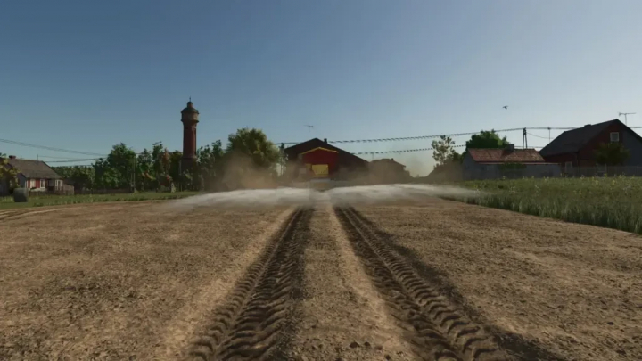 fs25-mods,  Farming Simulator 25 mod, Kalk Texture v1.0.0.0, showing a dusty rural field with lime spreading and farmhouse in the background.