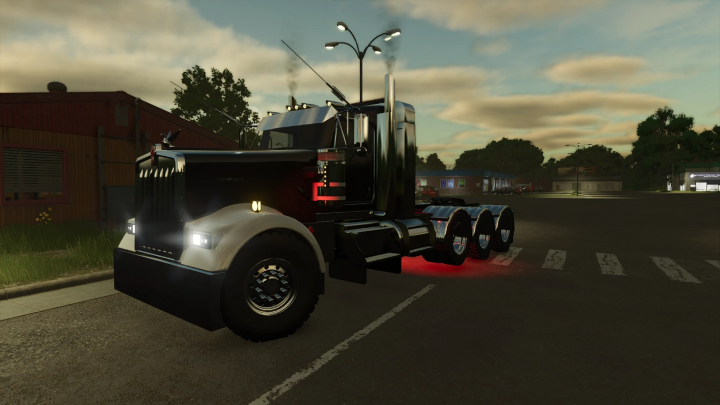 fs25-mods,  FS25 mod Kenworth W900L truck at sunset in Farming Simulator 25.