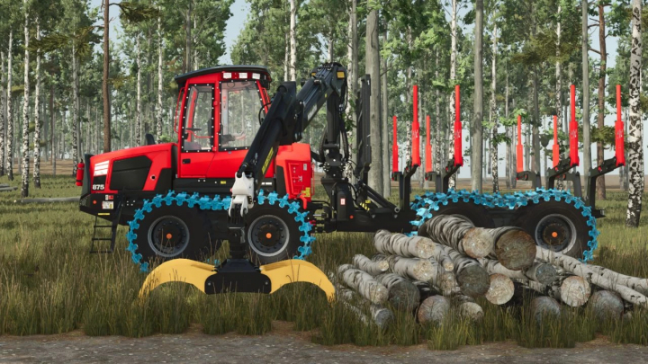 fs25-mods, Komatsu 875 Loadflex mod in FS25 transports logs in a forest setting.