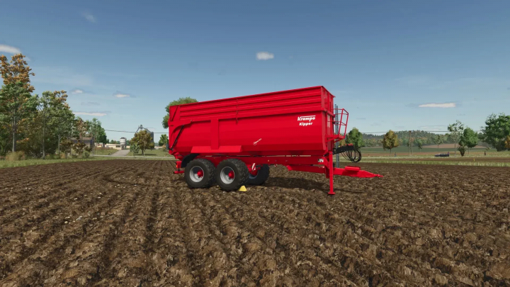 fs25-mods,  Krampe Big Body S750 mod in FS25, showcasing a red trailer on a farm field.