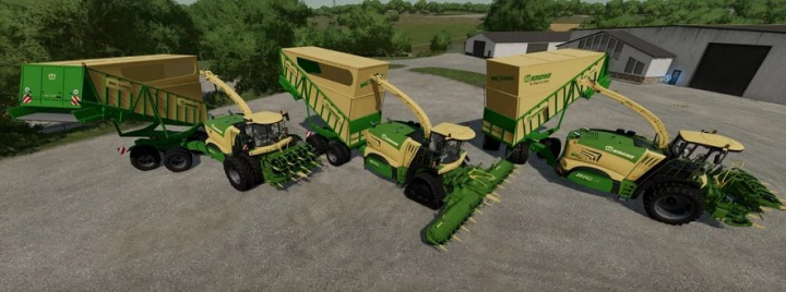 fs25-mods,  Three Krone Big X1100 Cargo vehicles in Farming Simulator 25 mod, parked side by side on a farm. FS25 mods enhance gameplay.