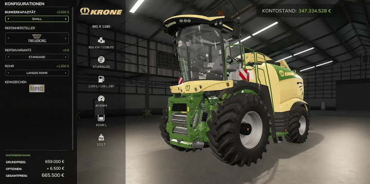 fs25-mods,  FS25 mod Krone Big X 1180 with Tank v1.0.0.0 in a garage, showcasing specifications and price details.