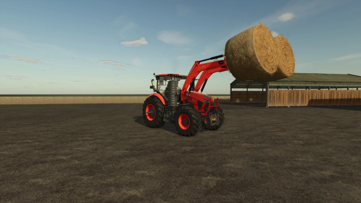 fs25-mods,  Kubota M8-Series tractor lifting hay bales in FS25 mod on a farm.