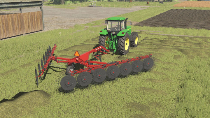 fs25-mods,  FS25 mod Kuhn SR 314 v1.0.0.0 showing a tractor connected to a red hay rake in a field.