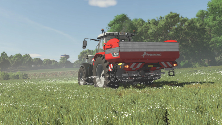 fs25-mods,  FS25 mod Kverneland TLX Geospread v1.0.0.0 in action, fertilizing a field.