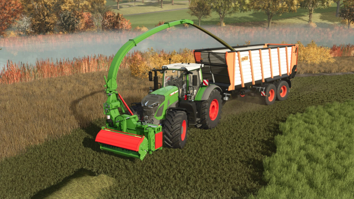 fs25-mods,  FS25 mod: LIZARD Forage Pickup v1.0.0.0 in use on a field, showing a tractor and forage wagon.