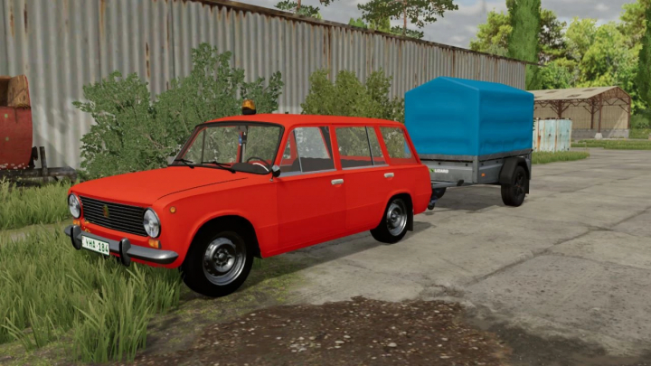 fs25-mods,  FS25 mod Lada 2102 Kombi v1.0.0.0 in red, towing a blue trailer on a farmyard.